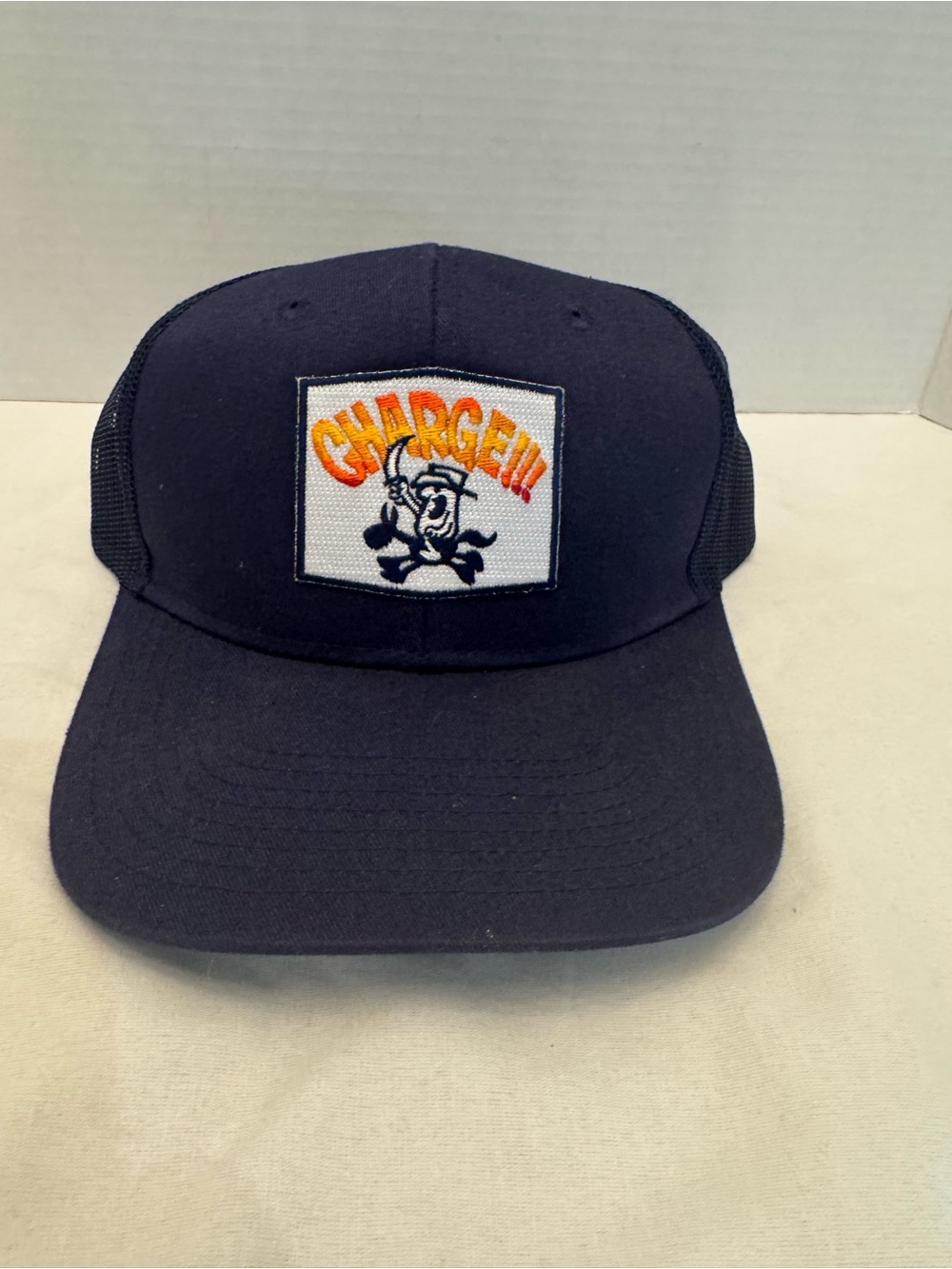 CHARGE!!! Skeleton Pirate Graphic Mesh Back Trucker Hat – Navy Blue Snapback Cap